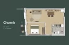 Floor plan of the ‘Chuenis’ apartement with generous space for four people and balcony with mountain view.