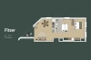 Plan de l'appartement “Fitzer” avec espace généreux pour cinq personnes, balcon avec vue sur la montagne, chambre à coucher avec lits superposés et chambre à coucher avec lit double.