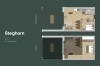 Plan de l'appartement “Steghorn” avec un espace généreux pour cinq personnes, un grand balcon avec vue sur la montagne, une chambre à coucher avec lits superposés et une galerie avec lit double.