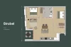 Grundriss des lichtdurchfluteten Apartments 'Strubel' mit grosszügigen Platzverhältnissen für vier Personen, Balkon, grosser Küche und zwei Schlafzimmern mit Doppelbett.
