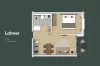 Grundriss des Apartments 'Lohner' mit grosszügigen Platzverhältnissen für vier Personen und Balkon.
