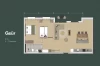 Grundriss des lichtdurchfluteten Apartments 'Gsür' im Dachgeschoss mit grosszügigen Platzverhältnissen für bis zu sieben Personen, Balkon, grosser Küche und zwei Schlafzimmern mit Doppelbett und Etagenbett sowie Sofa mit Bettfunktion.